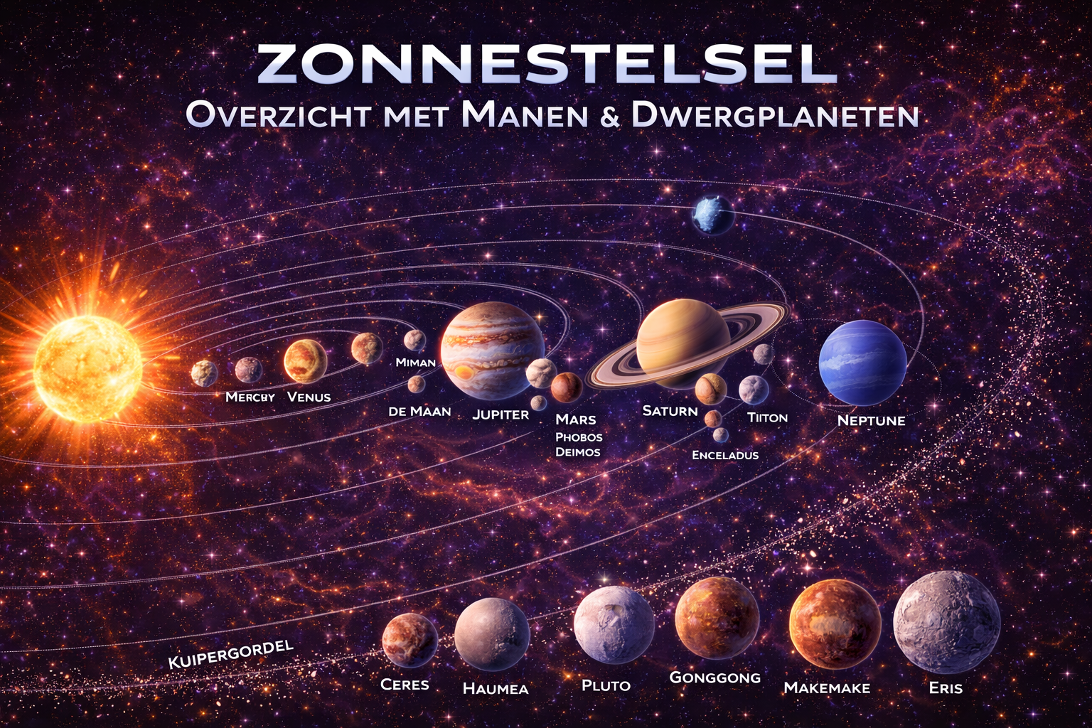 Overzichtsbeeld van het zonnestelsel met manen en dwergplaneten
