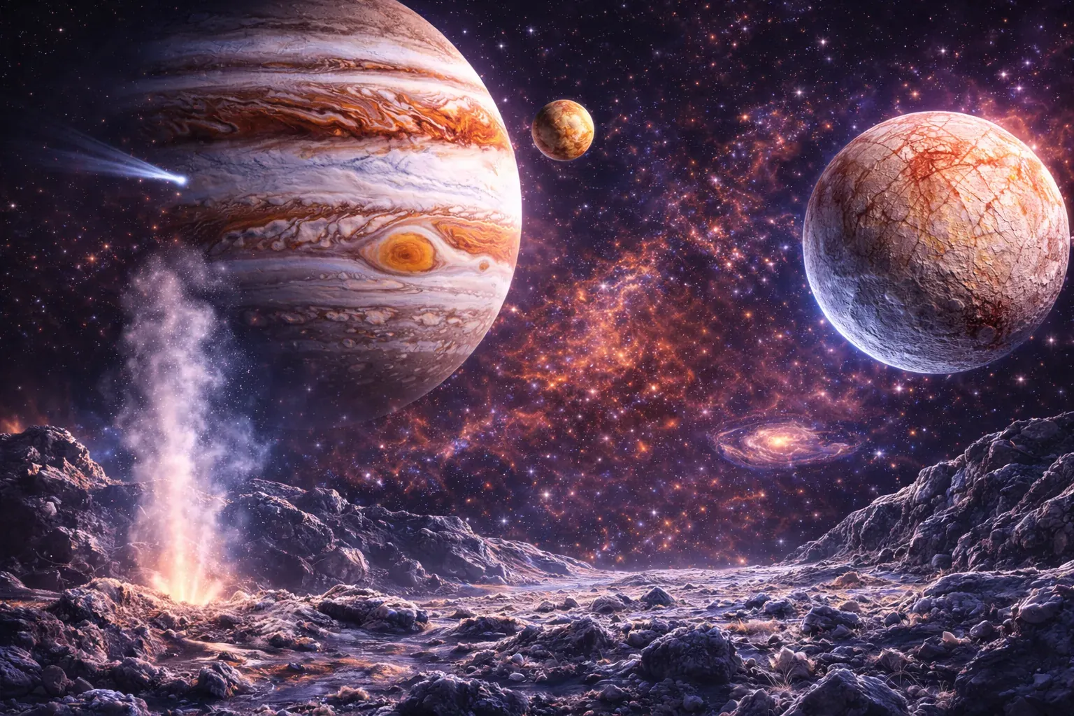 Grote planeet met een maan of nabije wereld in een rotsachtig buitengebied