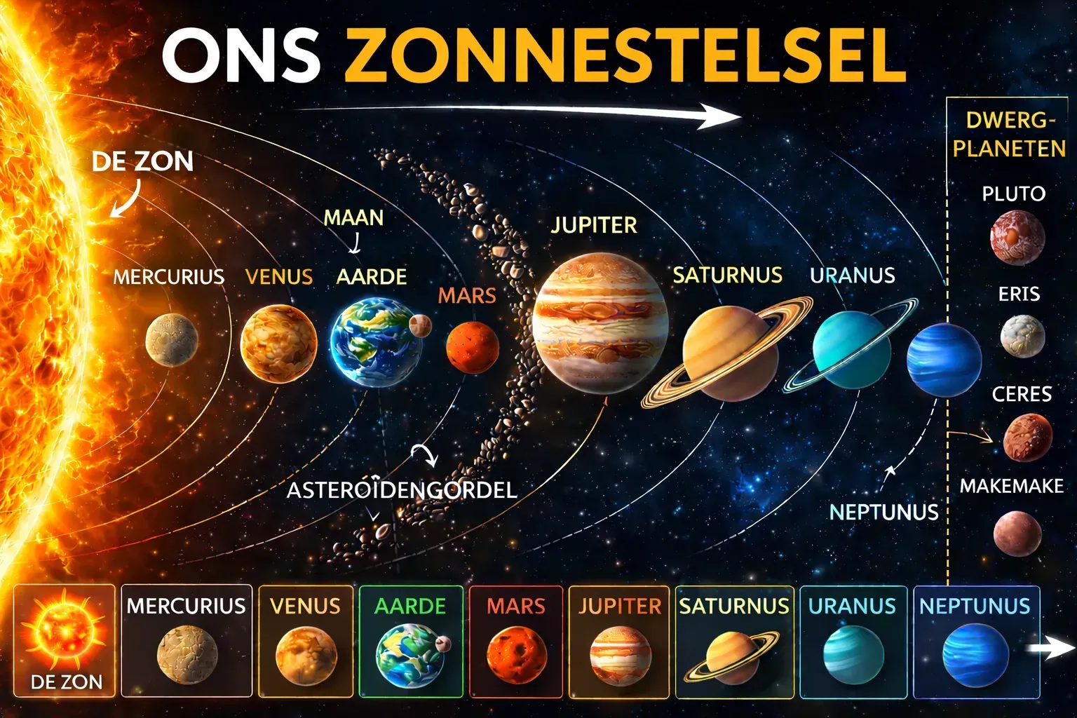 Overzichtsposter van het zonnestelsel met zon, planeten en dwergplaneten